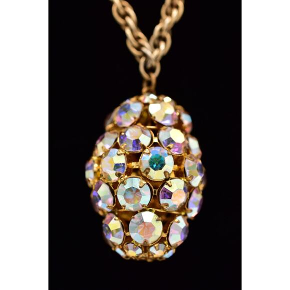Vintage Crystal Pendant Necklace Open Bezel Aurora Borealis Gold Tone 80s Bin6A - Picture 1 of 11